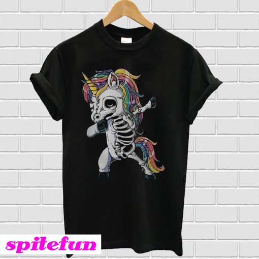 Unicorn skeleton dabbing happy halloween skull T-shirt