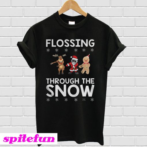 Santa Reindeer Gingerbread Flossing Through The Snow T-shirt