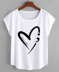Letter & Heart Print Batwing Sleeve Tee